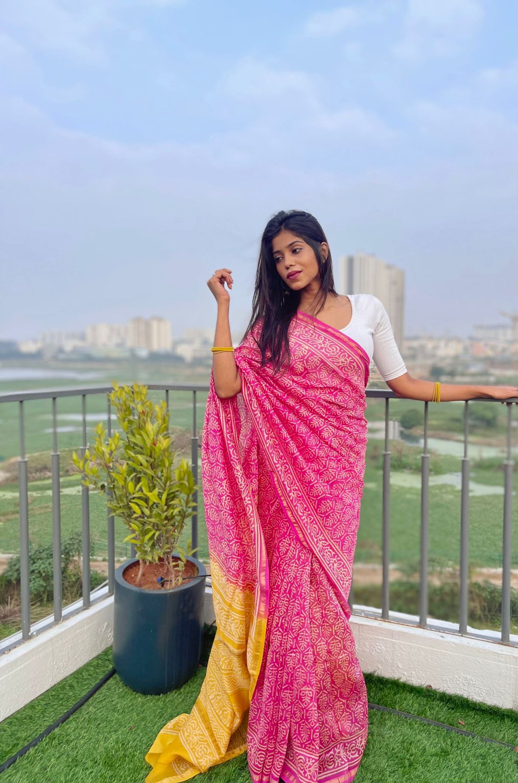 Chanderi silk cotton saree in block prints