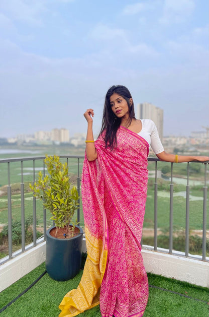 Chanderi silk cotton saree in block prints
