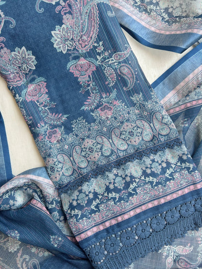 Unstitched Linen dress material set with laces