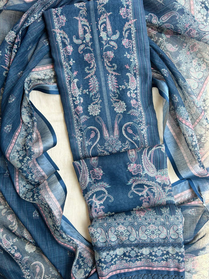 Unstitched Linen dress material set with laces