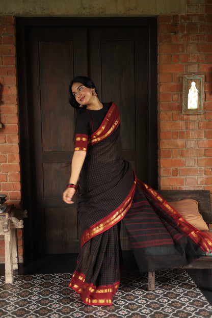 Kanchi cotton saree with korvai border black & maroon