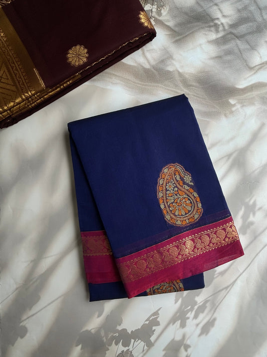 Kanchi cotton saree with motif weaves blue with pink border