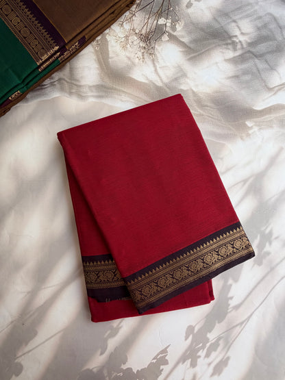Kanchi cotton with minimal zari border Red with black border
