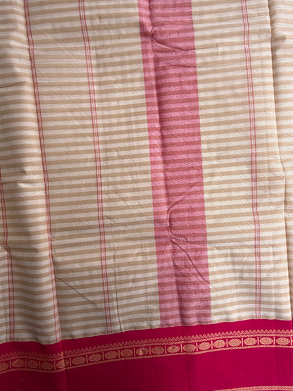 Kanchi cotton saree with kattam weaves beige & pink border