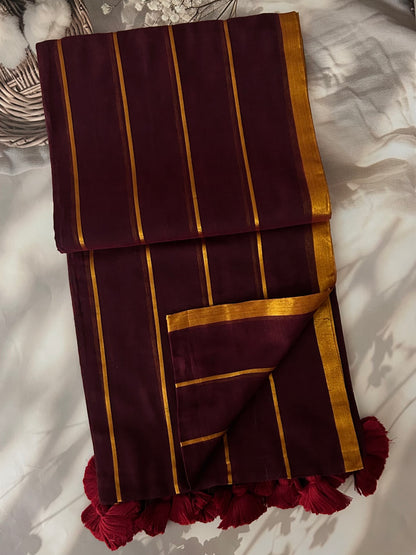 Coffee brown Mul mul saree with zari stripes