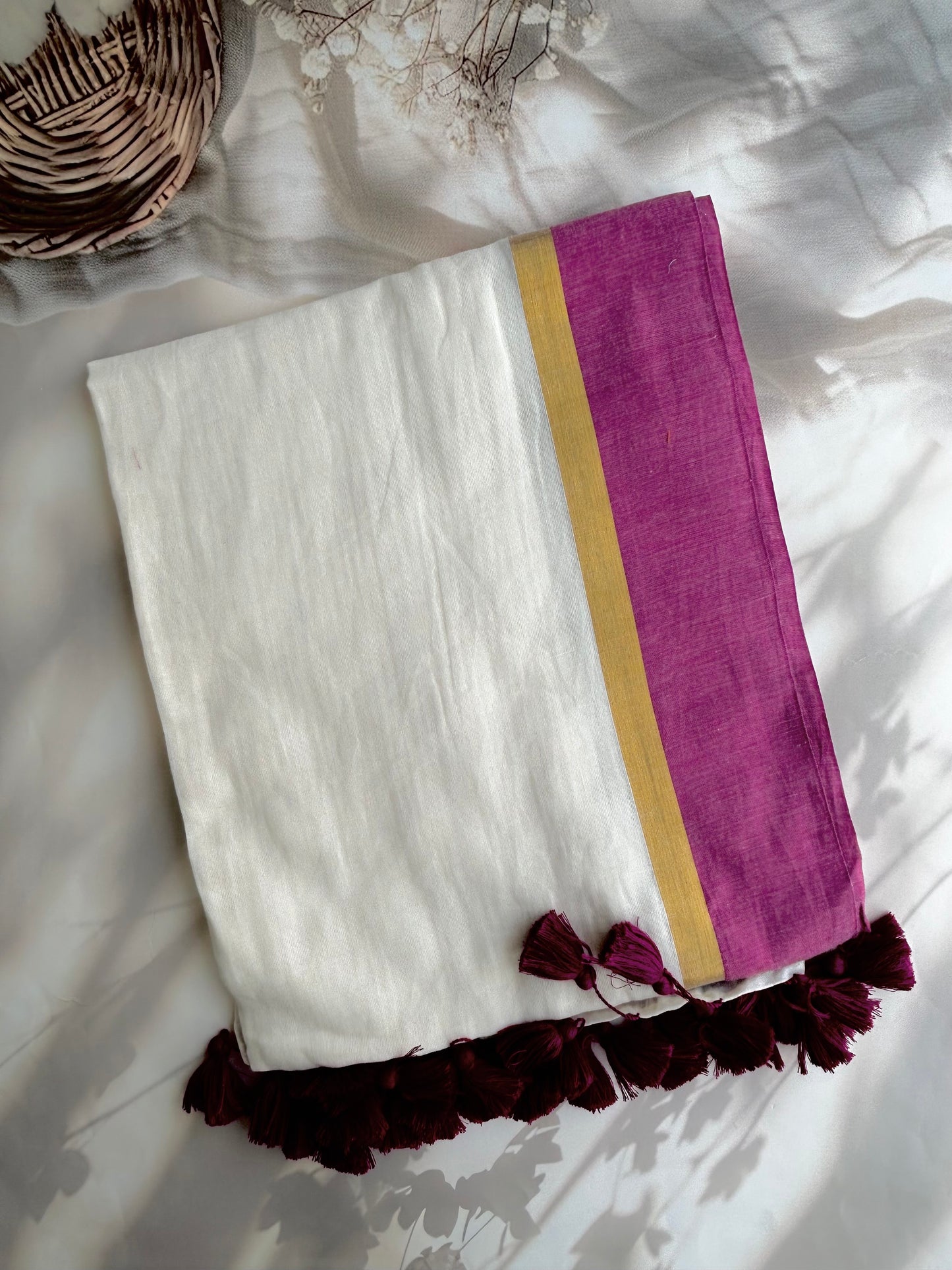 Off white Mul mul saree with zari borders