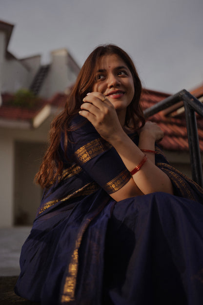 Blue Kanchi cotton saree with zari border