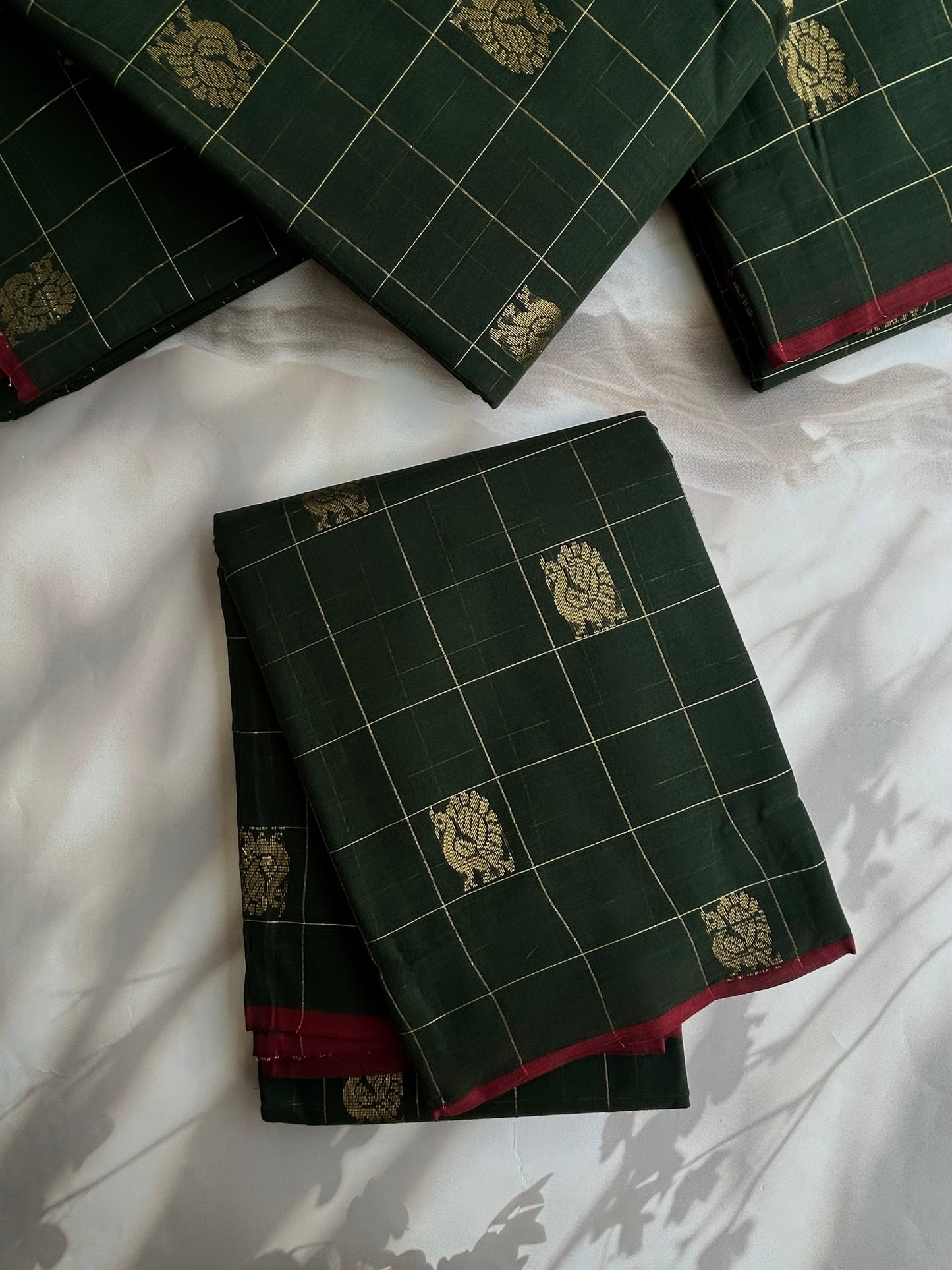 Kanchi cotton with zari weaves and grand pallu - dark green with maroon border