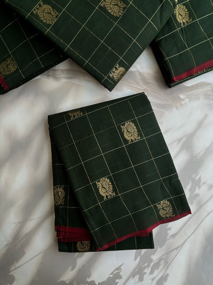 Kanchi cotton with zari weaves and grand pallu - dark green with maroon border
