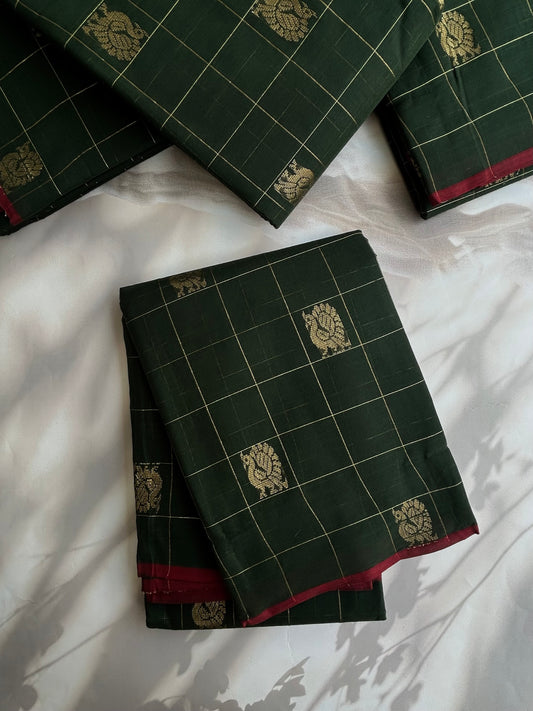 Kanchi cotton with zari weaves and grand pallu - dark green with maroon border