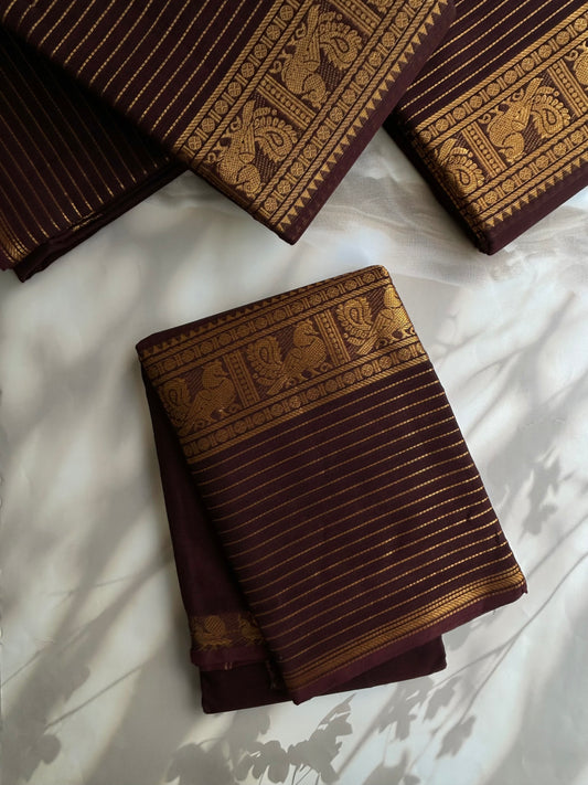 Brown Kanchi cotton saree with zari lines border