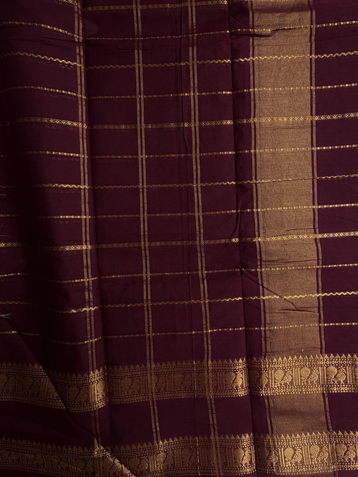 Kanchi cotton saree in Velthari pattern zari weaves brown
