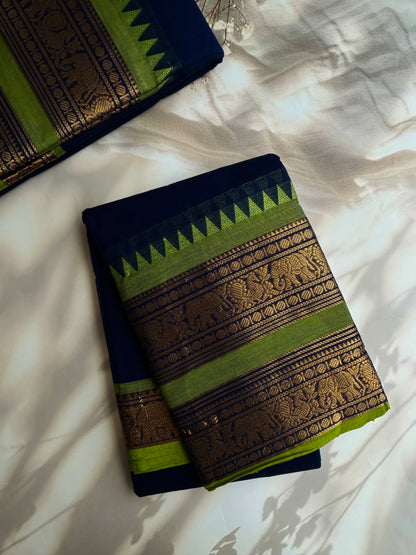 Kanchi cotton saree with rettapett border - blue with green border