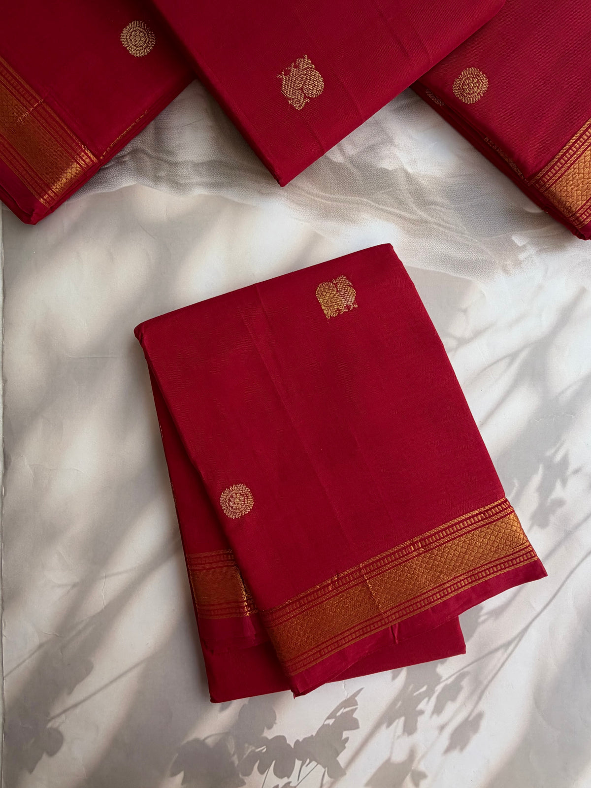 Red Kanchi cotton saree with annam zari butta weaves & zari pallu