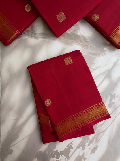 Red Kanchi cotton saree with annam zari butta weaves & zari pallu
