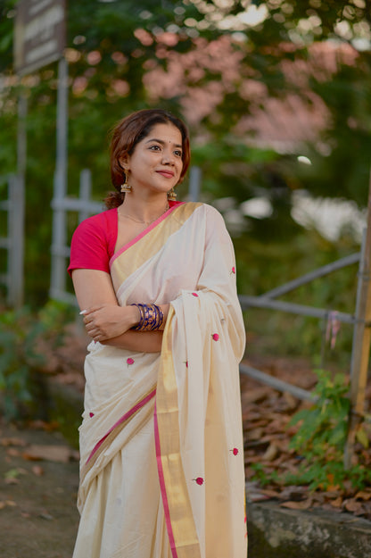Kasavu saree in tulip embroidery - pink