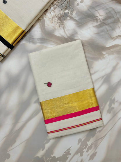 Kasavu saree in tulip embroidery - pink