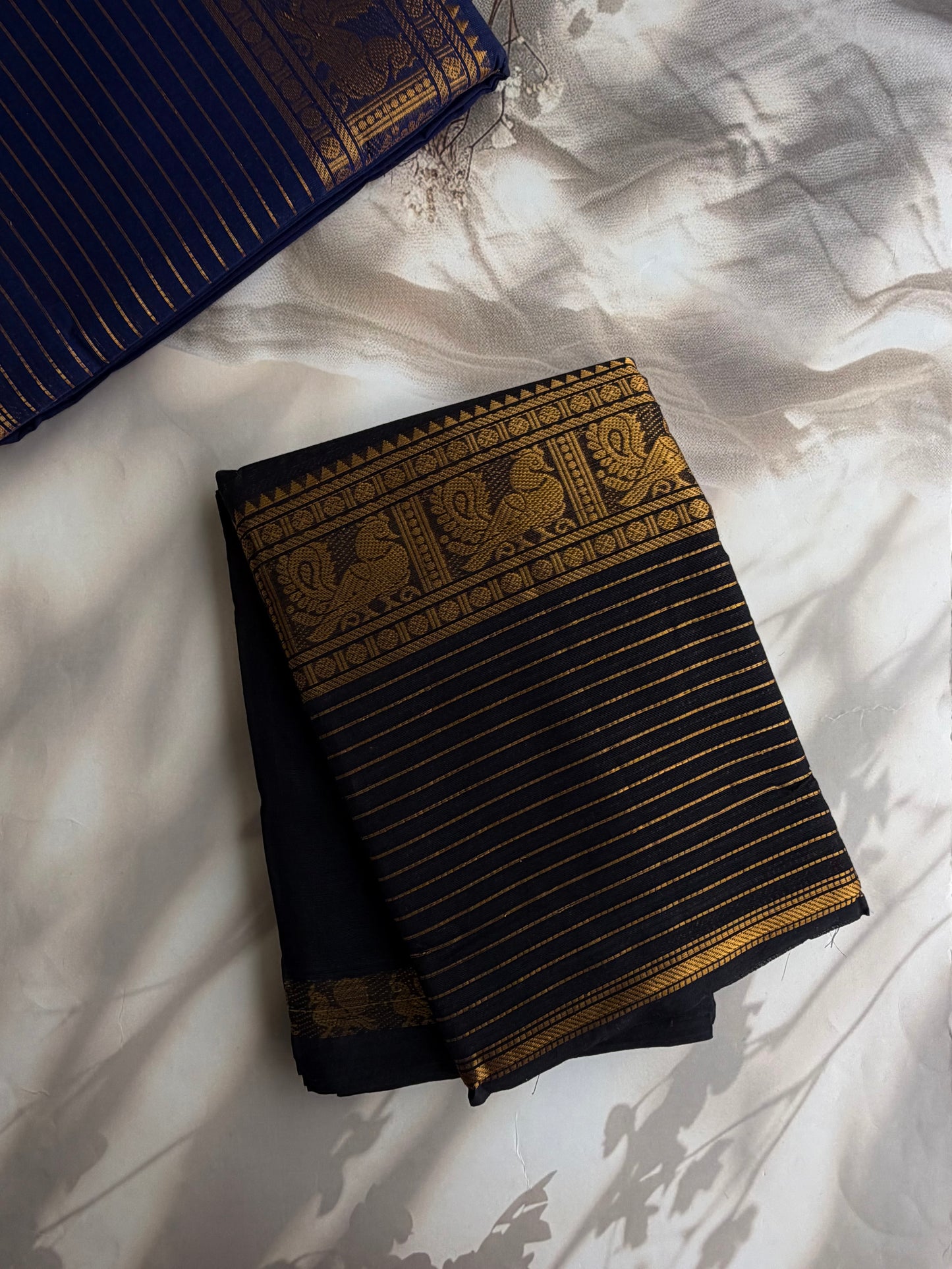 Kanchi cotton saree with zari lines border - black