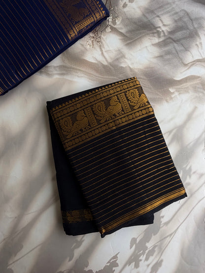 Kanchi cotton saree with zari lines border - black