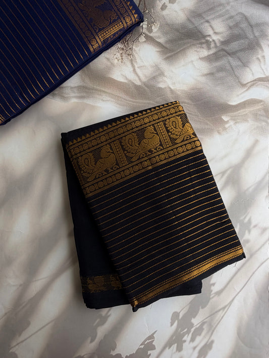 Kanchi cotton saree with zari lines border - black
