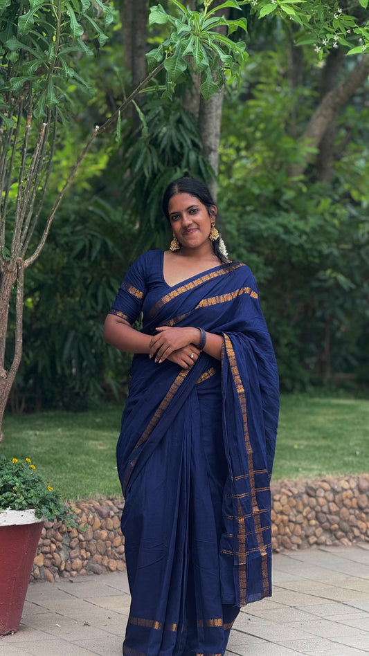 Sungudi Cotton saree with peacock border - navy blue