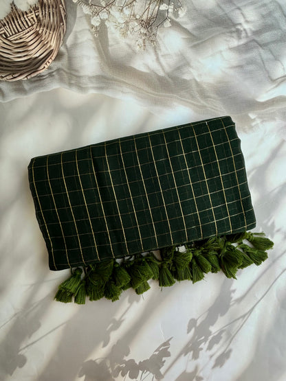Green Mul mul saree in zari checks