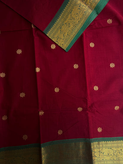 Kanchi cotton saree in butta weaves with grand pallu dark red