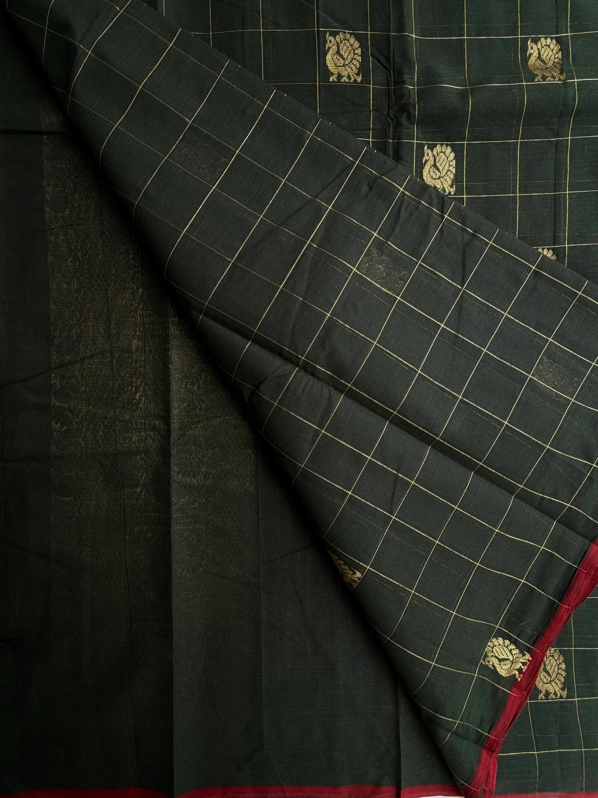 Kanchi cotton saree with premium zari kattam weaves - green with maroon border