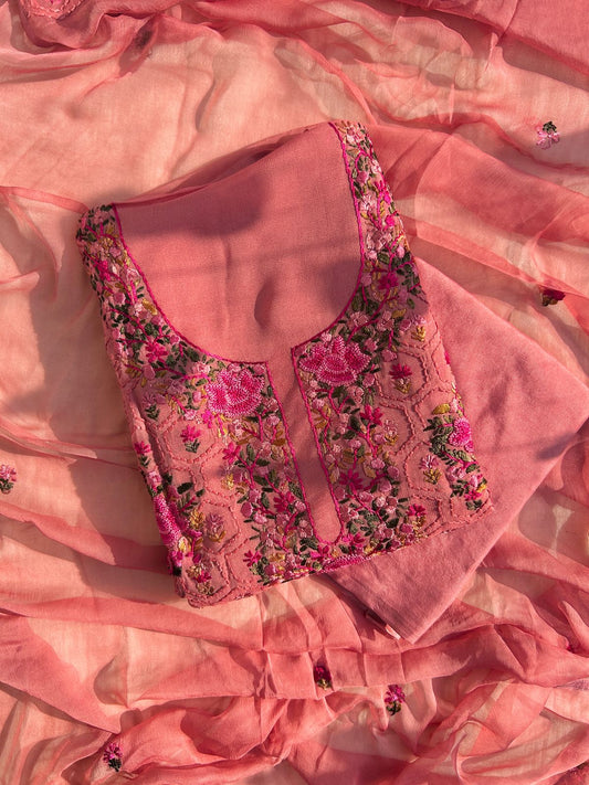 Georgette kantha embroidered set - pink