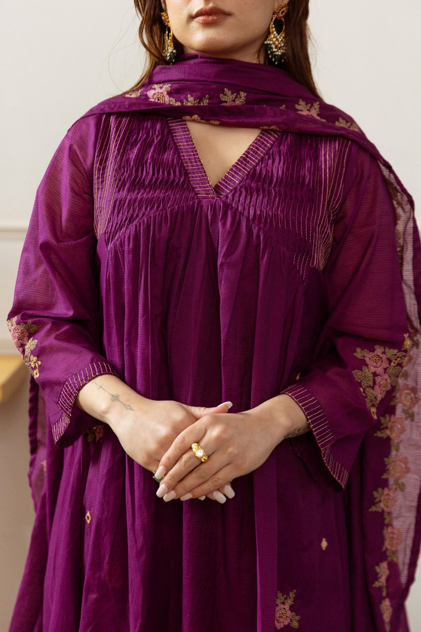 Mul Chanderi kurta set embroidered