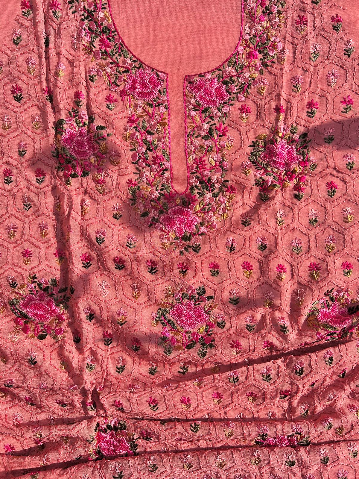 Georgette kantha embroidered set - pink