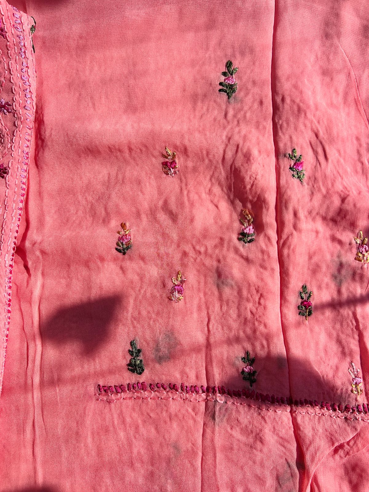 Georgette kantha embroidered set - pink