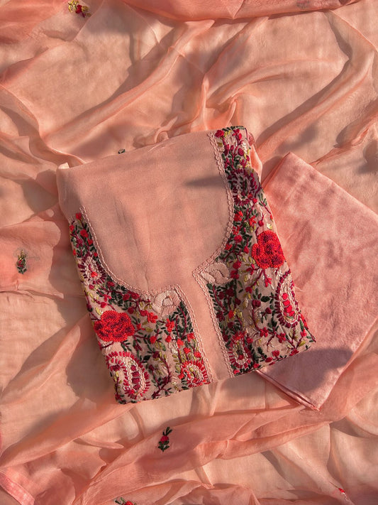 Peach Georgette kantha embroidered set