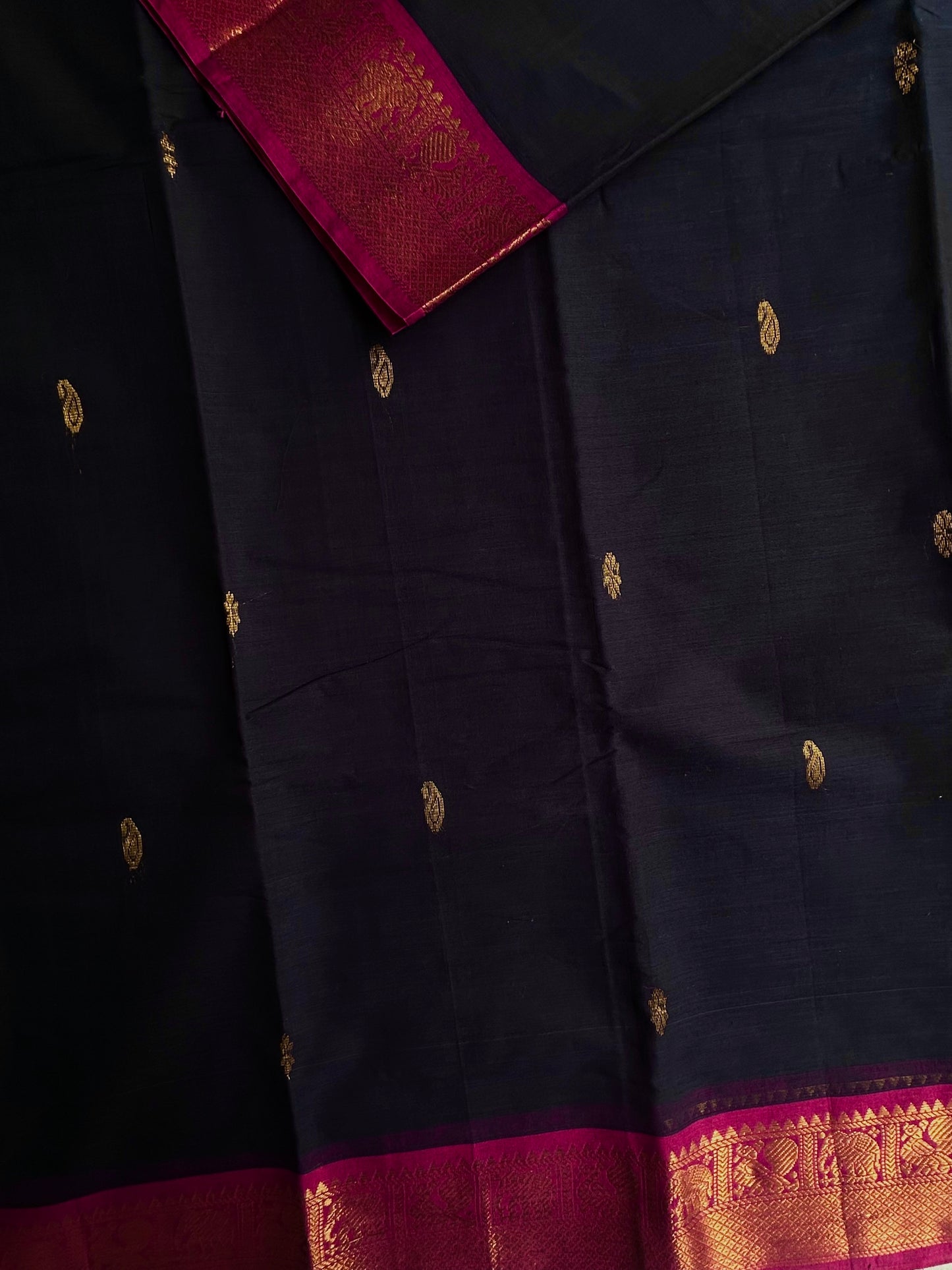 Kanchi cotton saree in butta weaves - deep navy blue