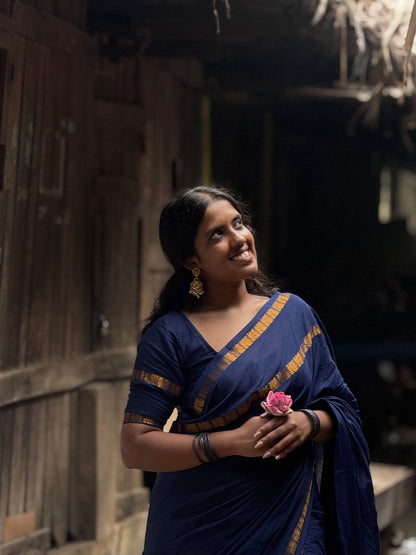 Sungudi Cotton saree with peacock border - navy blue