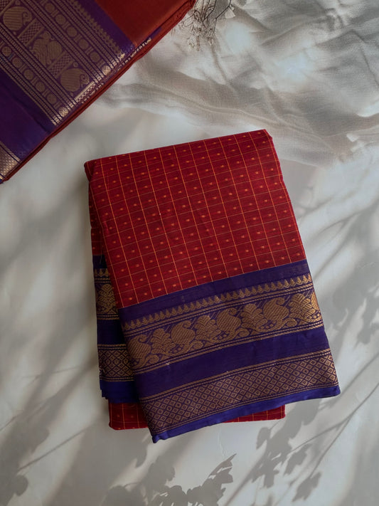 Kanchi cotton saree with kattam & butta weaves