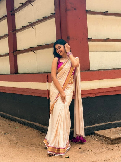 Off white Mul mul saree with zari border