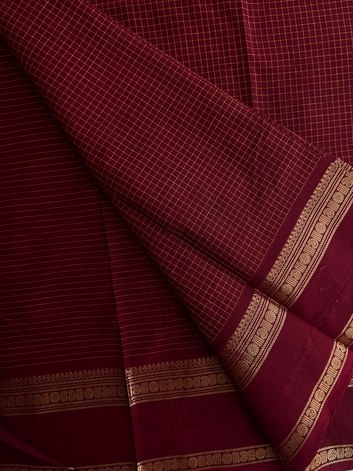 Maroon Kanchi cotton saree in kattam pattern