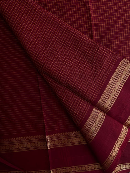 Maroon Kanchi cotton saree in kattam pattern