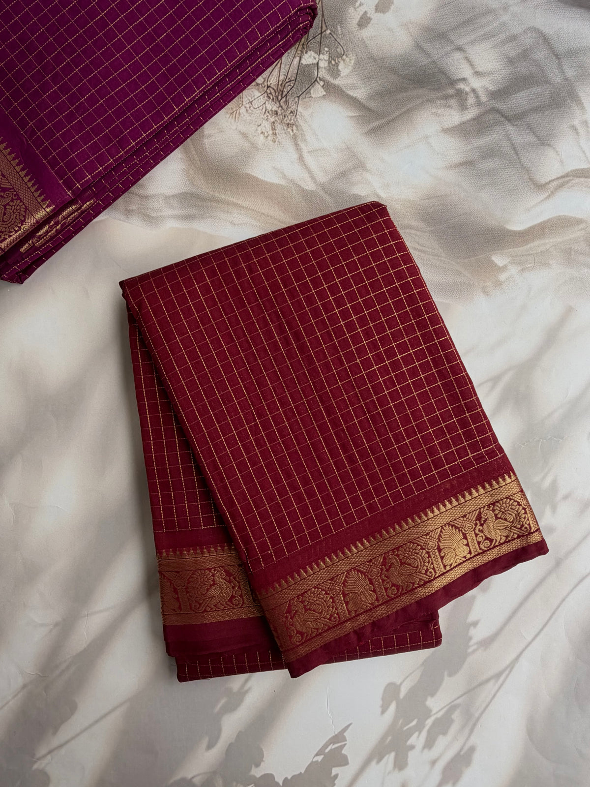 120 count mercerized Kanchi cotton with zari kattam & grand pallu - maroon