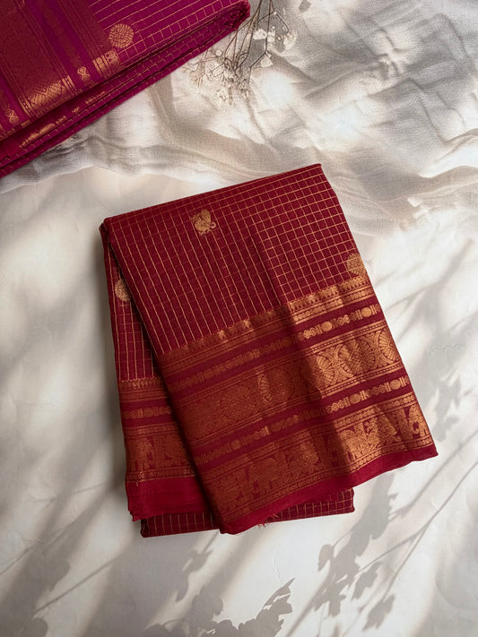 Kanchi cotton saree with kattam weaves & grand pallu maroon