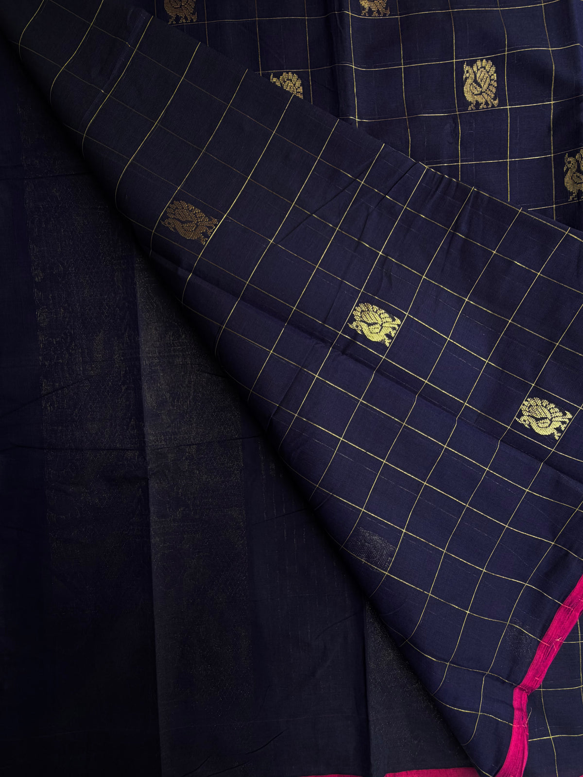 Kanchi cotton with peacock zari checks & butta weaves and grand pallu