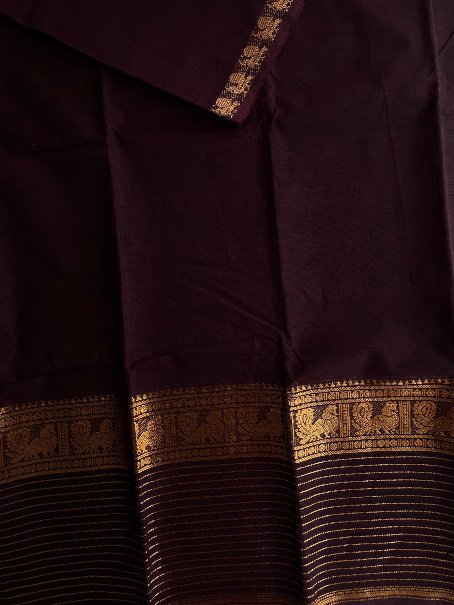Brown Kanchi cotton saree with zari lines border
