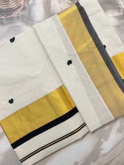 Kasavu saree in mango butta embroidery - black