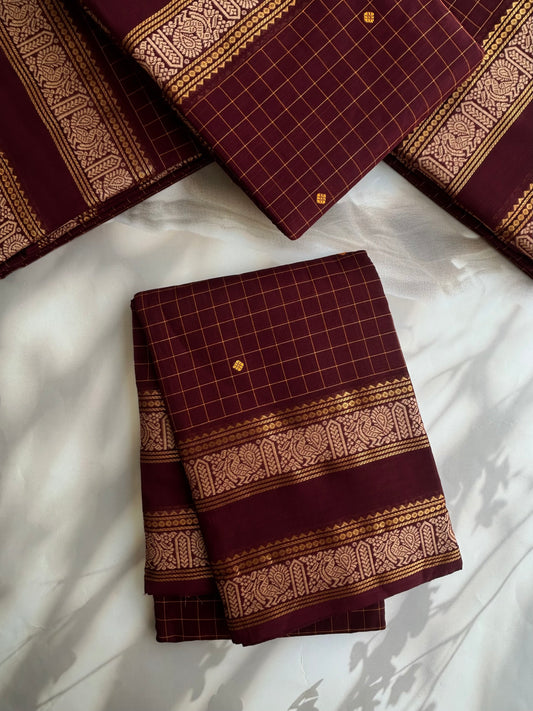 Kanchi cotton saree in checks & butta weaves