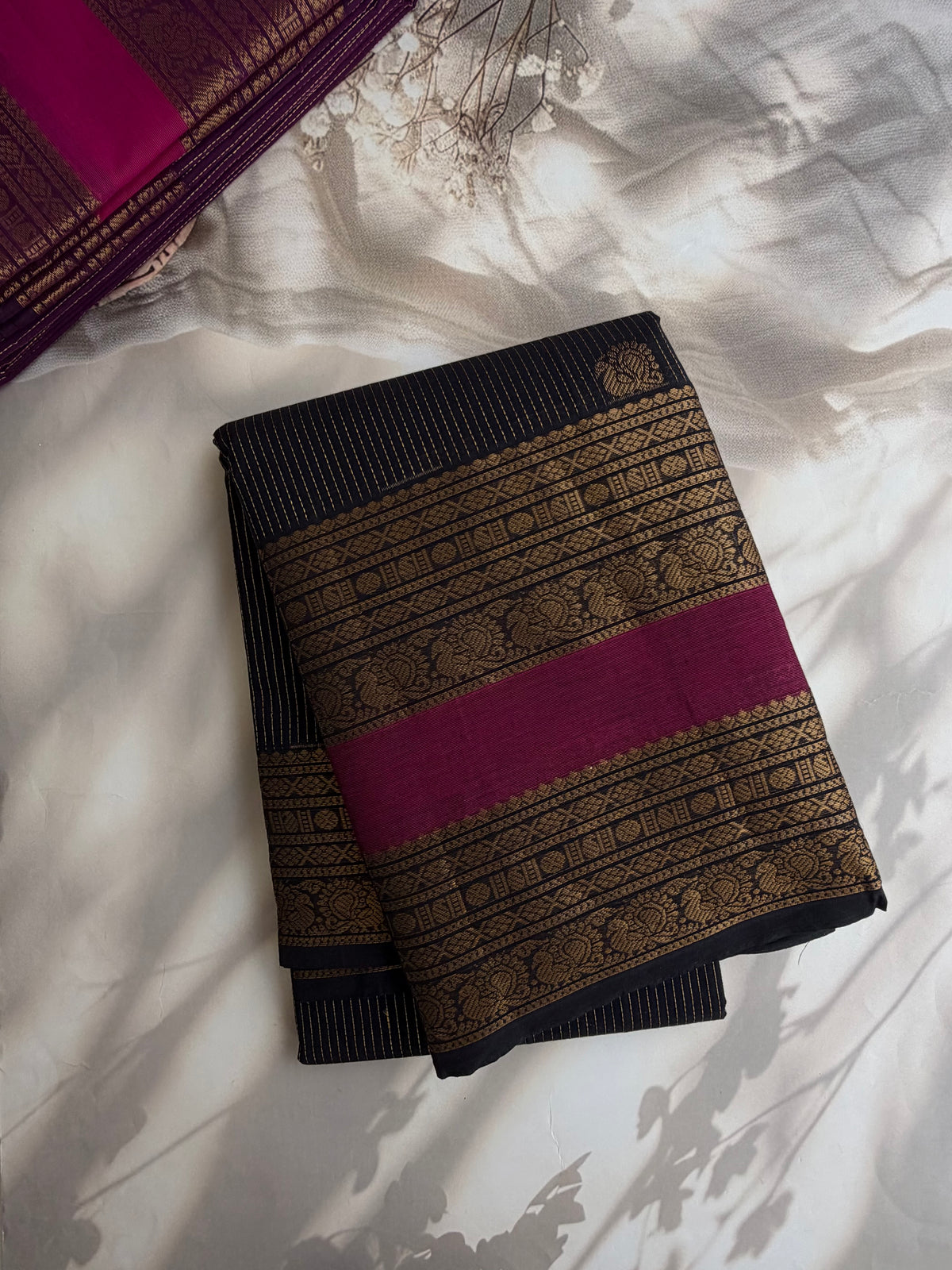 Kanchi cotton saree in Vairaoosi pattern zari butta weaves & grand pallu black