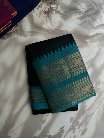 Kanchi cotton saree black with blue rettapett border