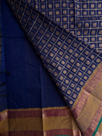Kanchi cotton saree in 1000 buttas & zari check weaves with grand pallu blue