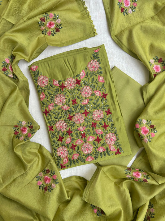 Unstitched Cotton silk set embroidered