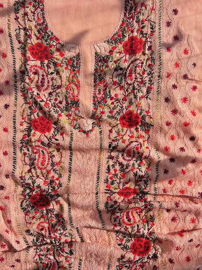Peach Georgette kantha embroidered set